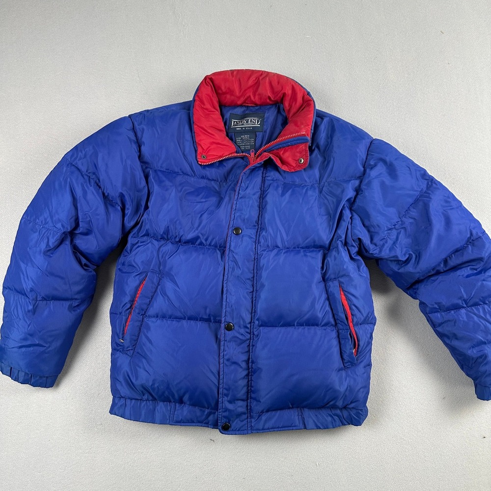 Vintage Lands End Unisex Small Blue Red Goose Down Puffer Jacket YKK Zip